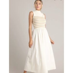 In The Beginning Midi Dress Womens M Cream w/ Tan Striped Bodice Sleeveless Chic